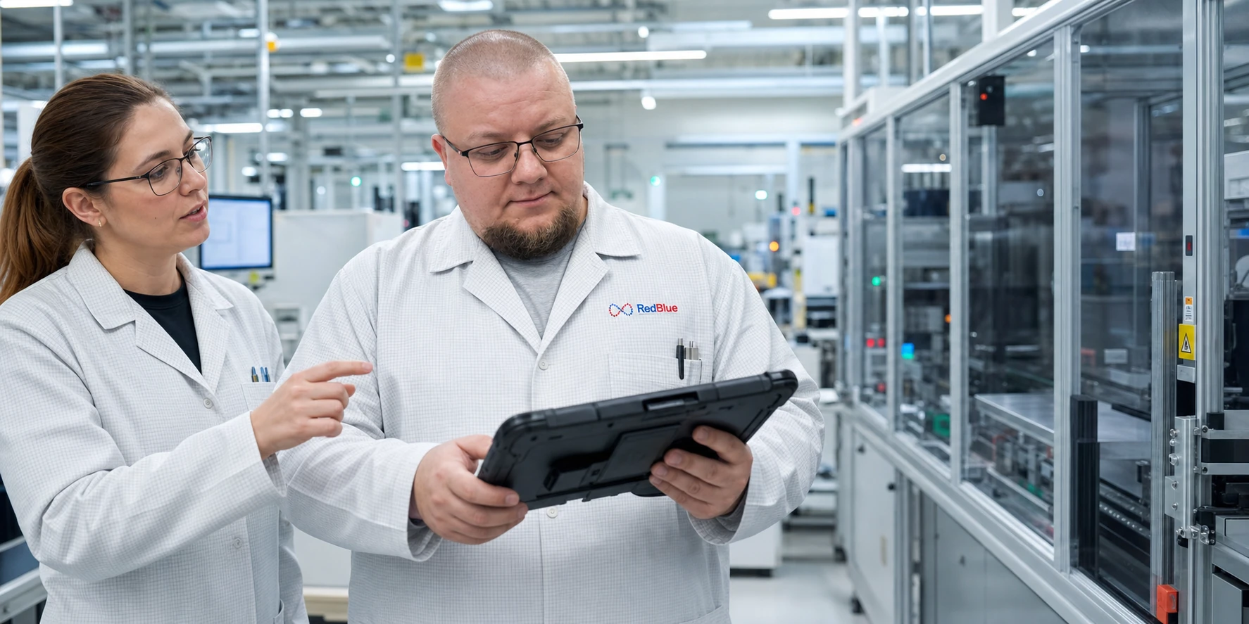 Zakladateľ RedBlue s procesnou inžinierkou kontroluje automatizovanú výrobnú linku