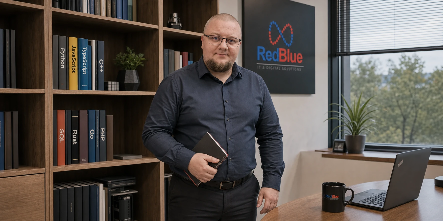 Zakladateľ RedBlue sa mierne usmieva do kamery pri knižnici programovacích jazykov