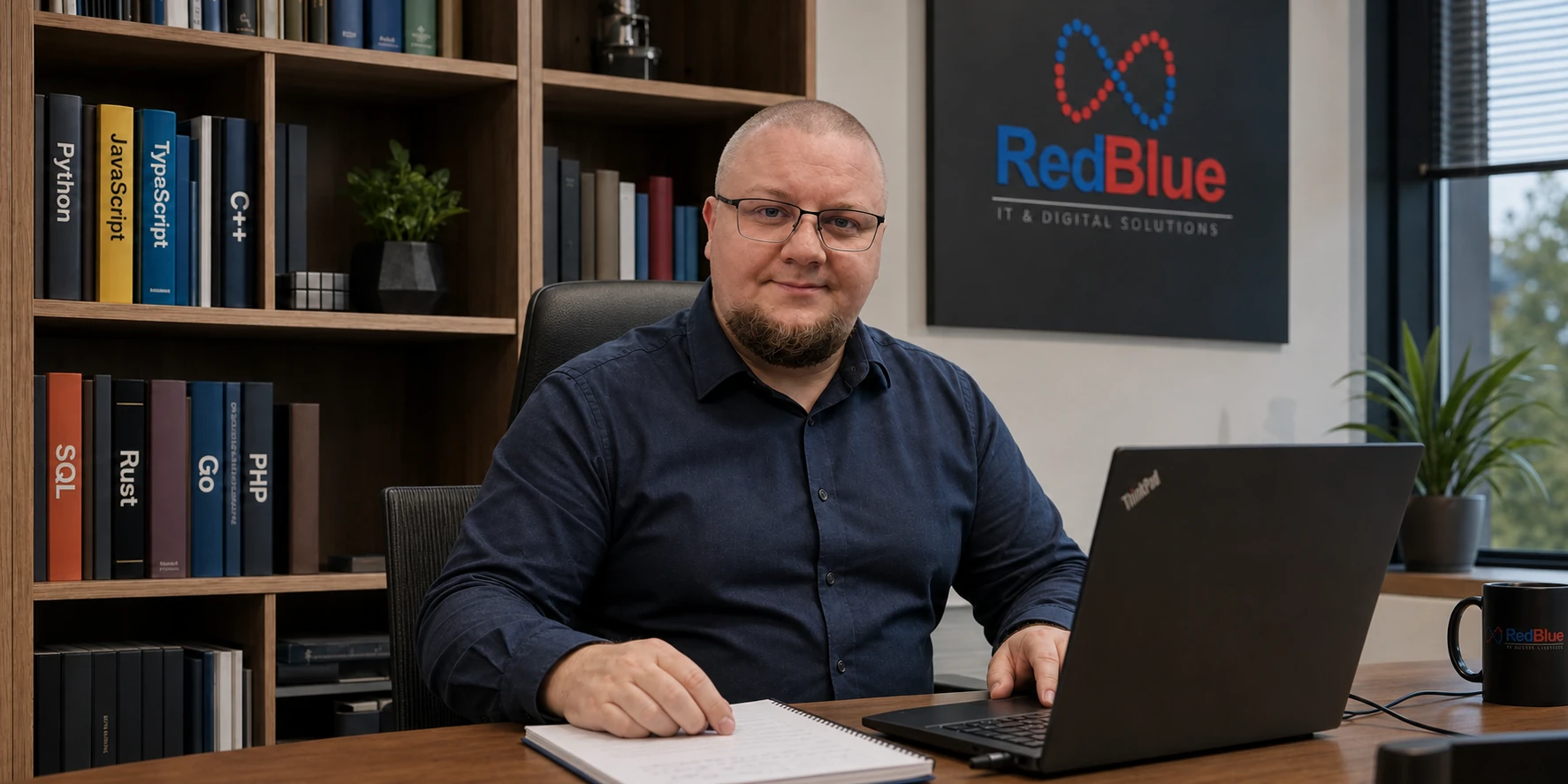 Zakladateľ RedBlue sa mierne usmieva do kamery pri pracovnom stole v kancelárii