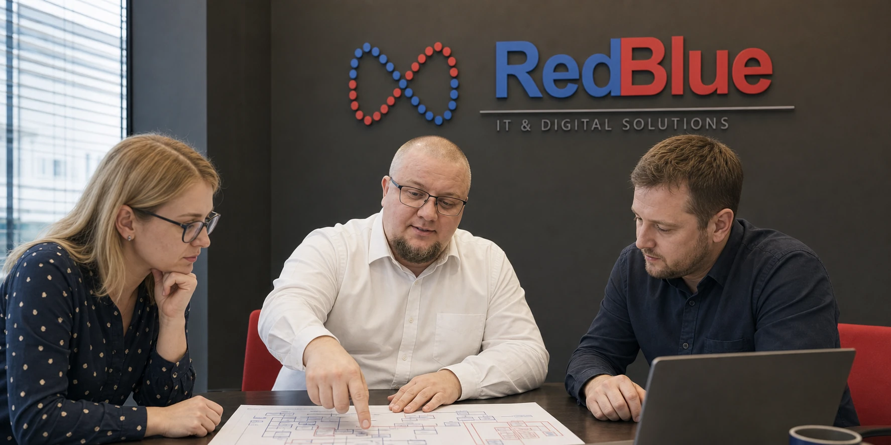 Zakladateľ RedBlue diskutuje s tímom nad pracovným procesom v kancelárii s logom firmy