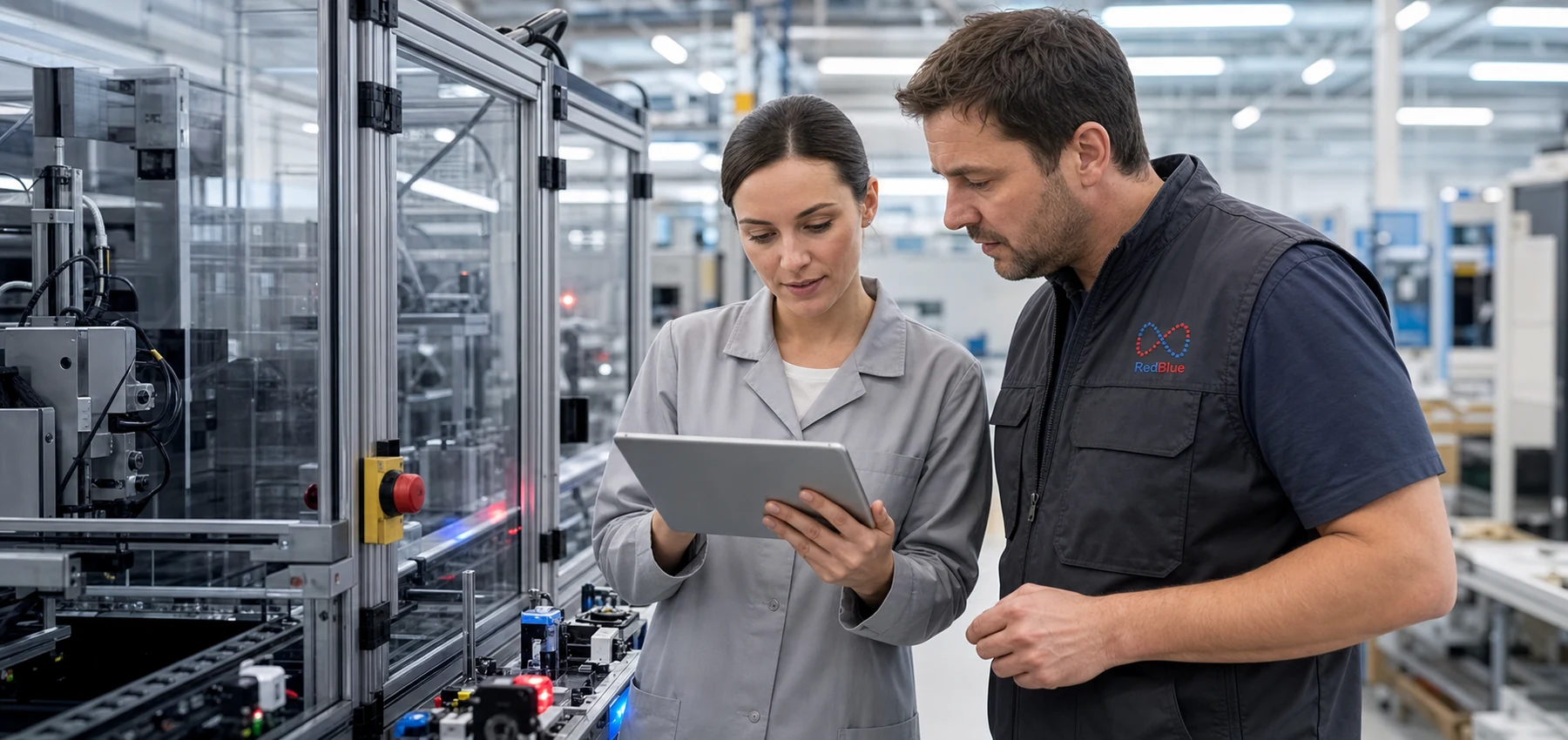 Stredoeurópska procesná inžinierka a technik RedBlue kontrolujú automatizovanú montážnu linku