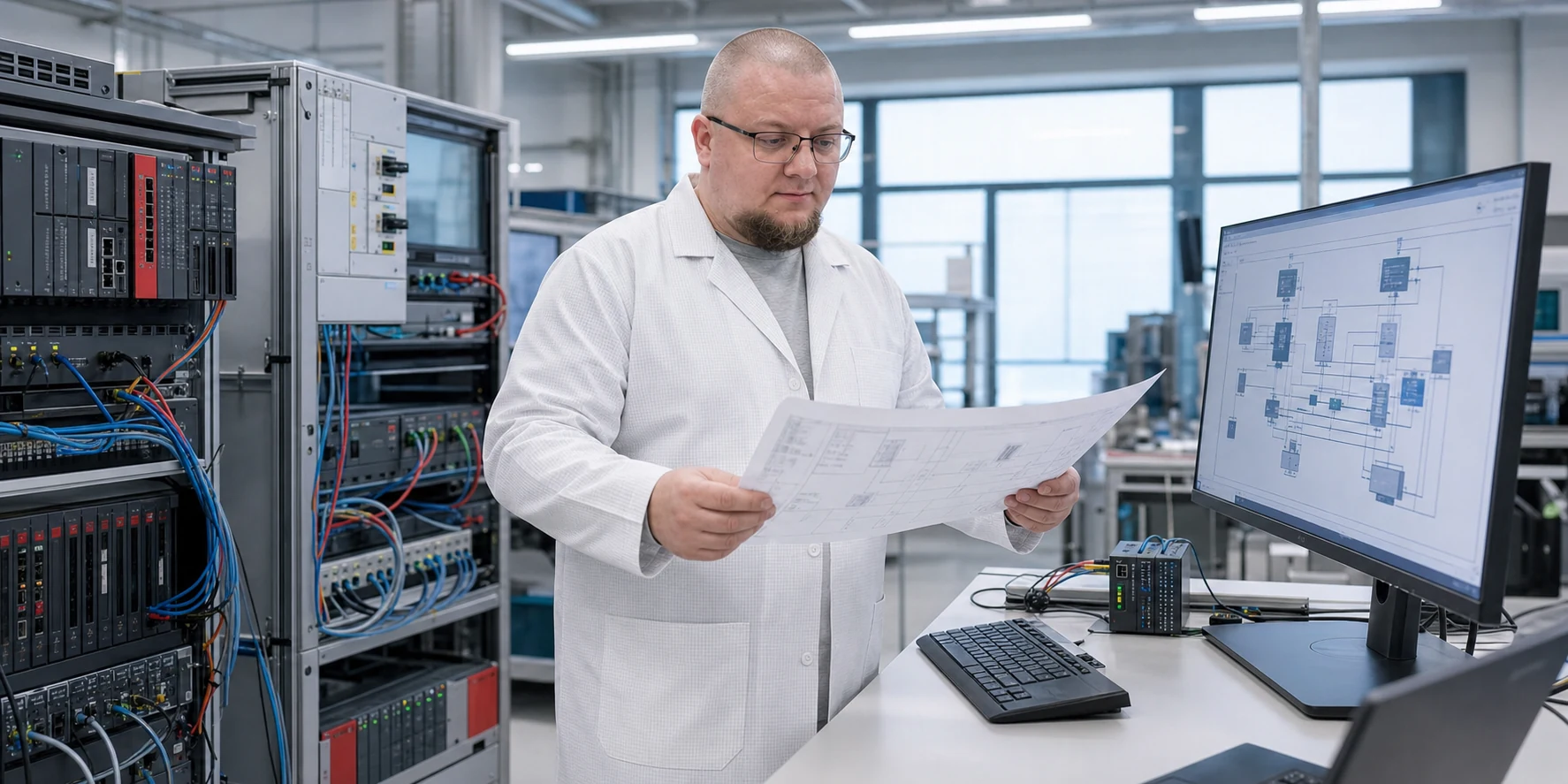 Výskumník RedBlue v bielom plášti navrhuje architektúru nového systému v laboratóriu.