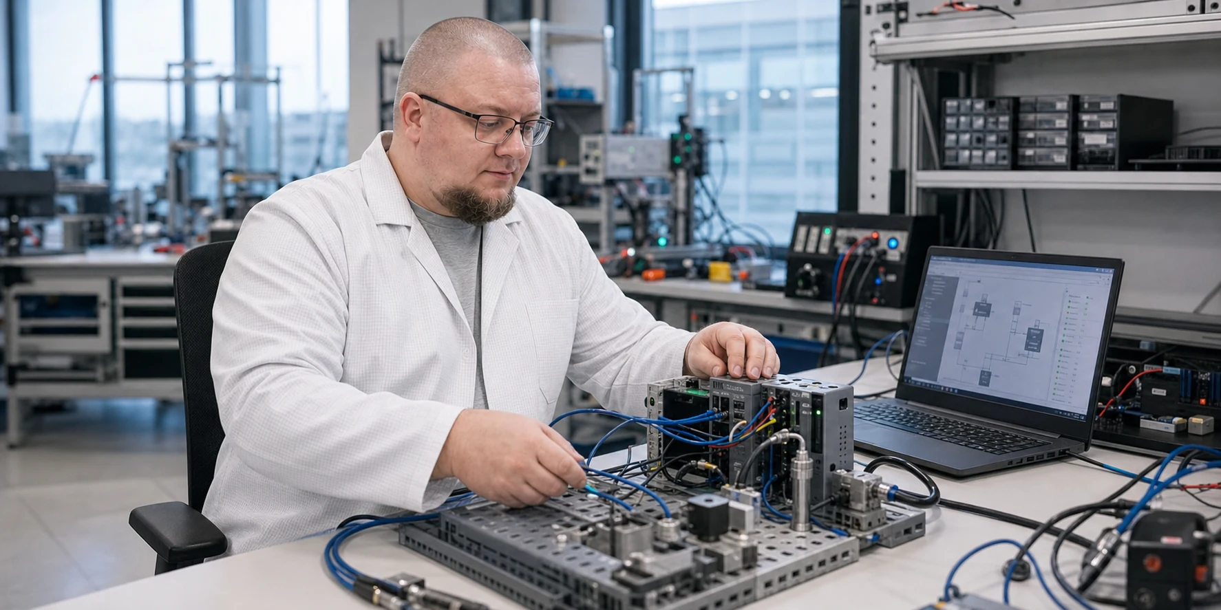 Výskumník RedBlue v bielom plášti zostavuje prototyp systému na laboratórnom pracovisku.